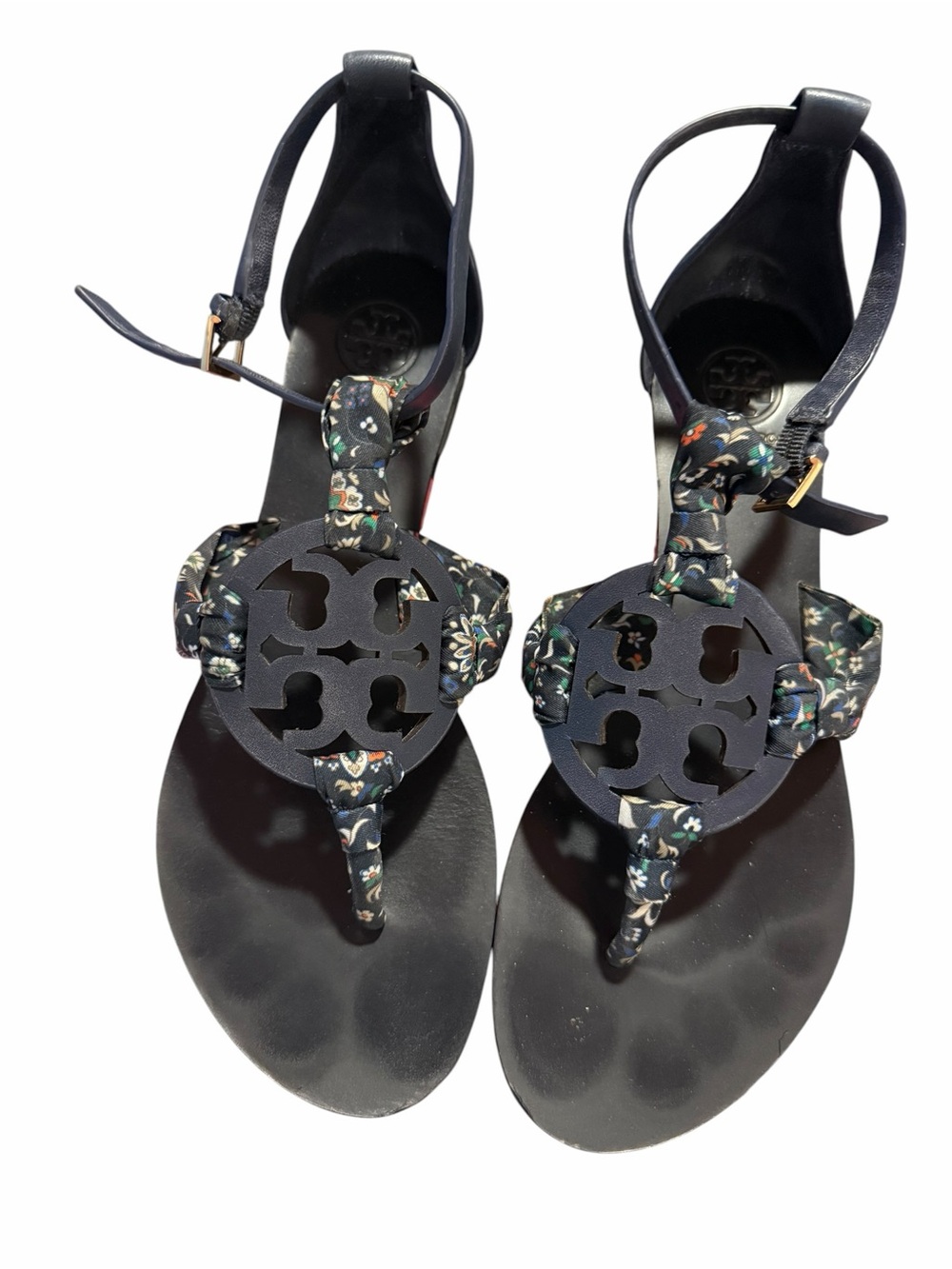 Tory Burch Navy Floral Scarf Thong Sandals